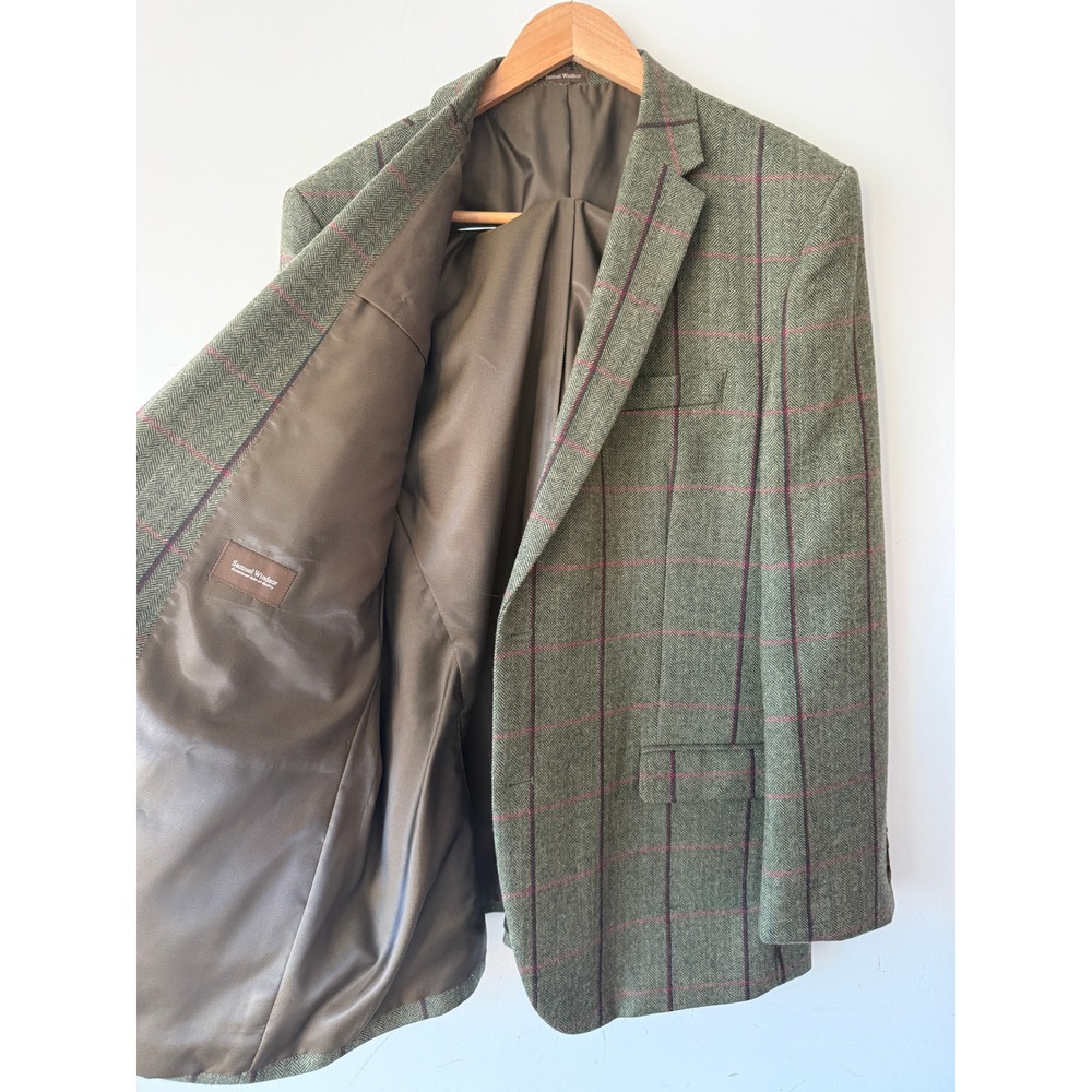 Samuel Windsor Mens 48R Green Herringbone Wool Windowpane Blazer Jacket J9W11B - Picture 3 of 16